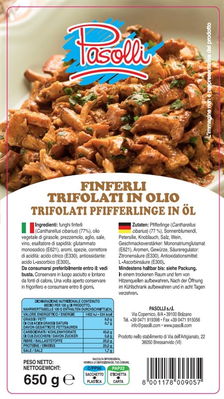 FINFERLI FUNGHI TRIFOLATI OLIO gr.800 PASOLLI